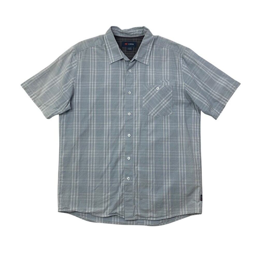 Cova Shirt Mens L Dresden Blue Cloud Tencel Cotton Blend Plaid Short Sleeve